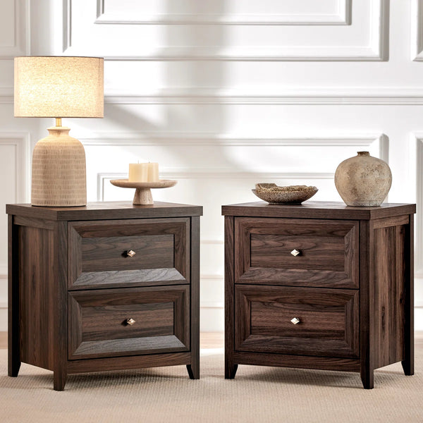 ARKANTOS 25" Farmhouse Nightstand Set of 2, Sofa End Table with Metal Handle 2 Drawers, Natural Wood Night Stand Bedside Table for Bedroom Living Room, Walnut