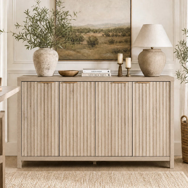ARKANTOS Fluted Sideboard Buffet Cabinet with 4 Doors, 56" Farmhouse Coffee Bar Cabinet with Adjustable Shelves, Storage Credenza for Living Room Kitchen Hallway, Light Oak