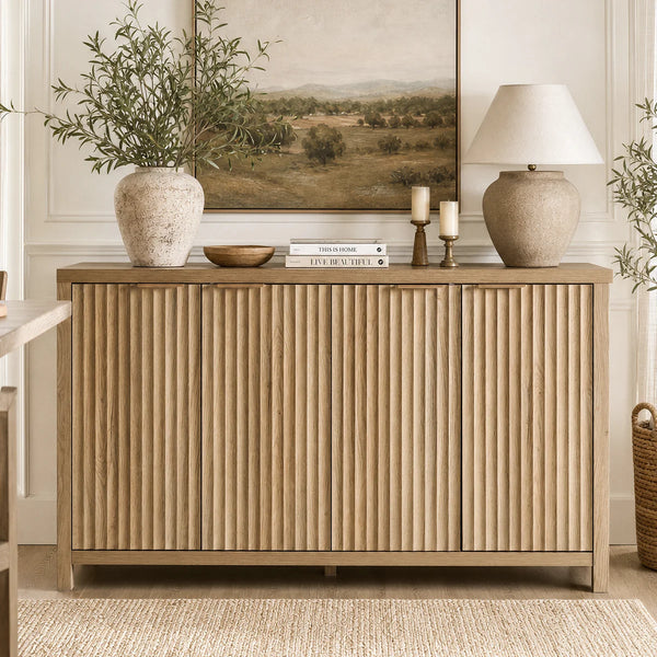 ARKANTOS Fluted Sideboard Buffet Cabinet with 4 Doors, 56" Farmhouse Coffee Bar Cabinet with Adjustable Shelves, Storage Credenza for Living Room Kitchen Hallway, Gold