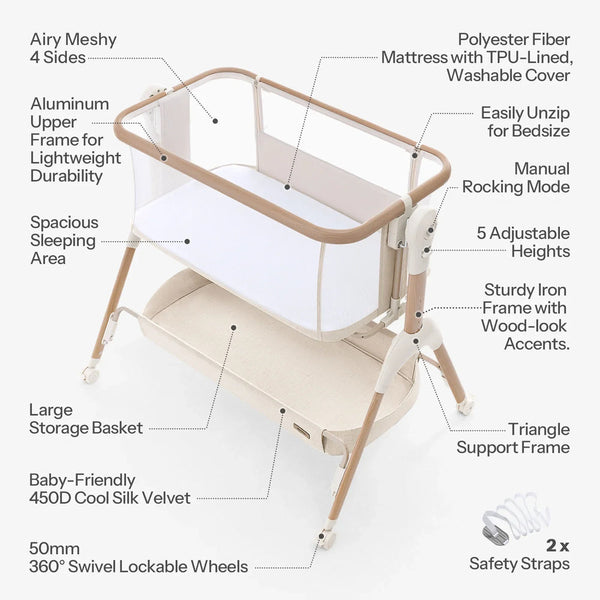 HARPPA Baby Bassinet Bedside Sleeper with Rocking Mode, 5 Adjustable Heights, Washable Mattress and Breathable Mesh
