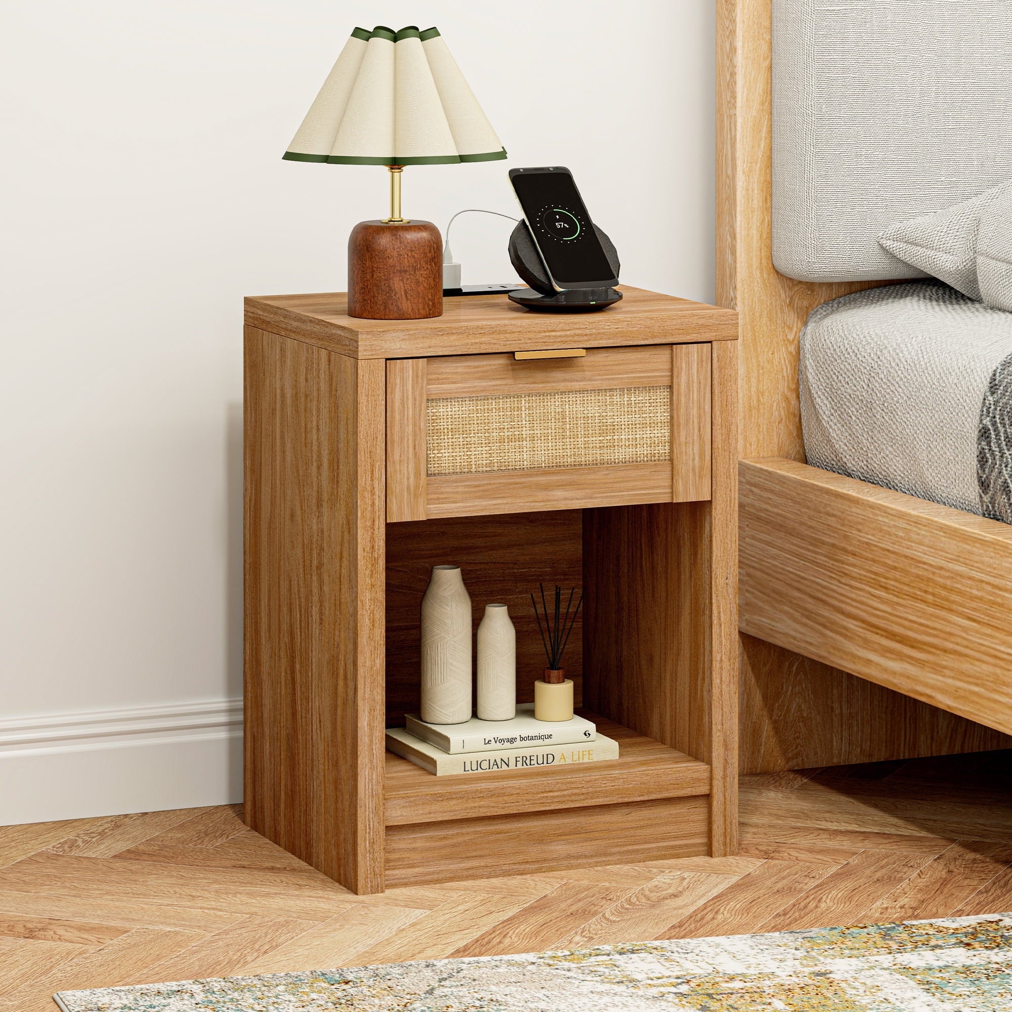 ARKANTOS Rattan Nightstand with Charging Station Bedside Table with Drawers