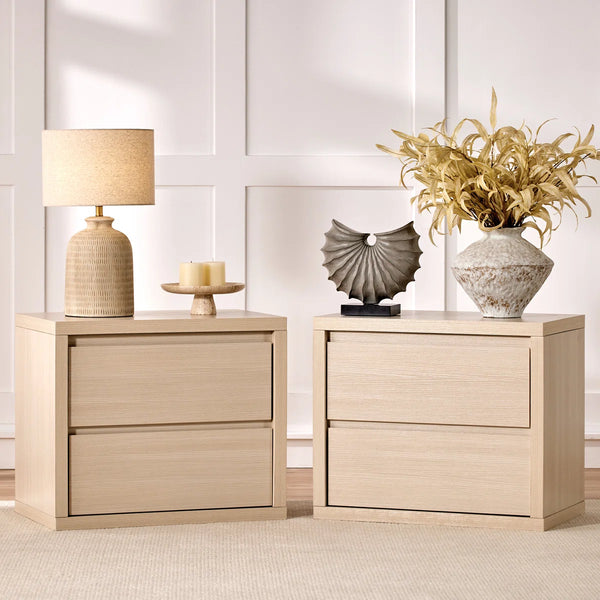 ARKANTOS 27" Modern Nightstand Set of 2, Wide Solid Wood Bedside Table Night Stand with 2 Drawers, Sofa Side End Table for Bedroom Living Room, Oak