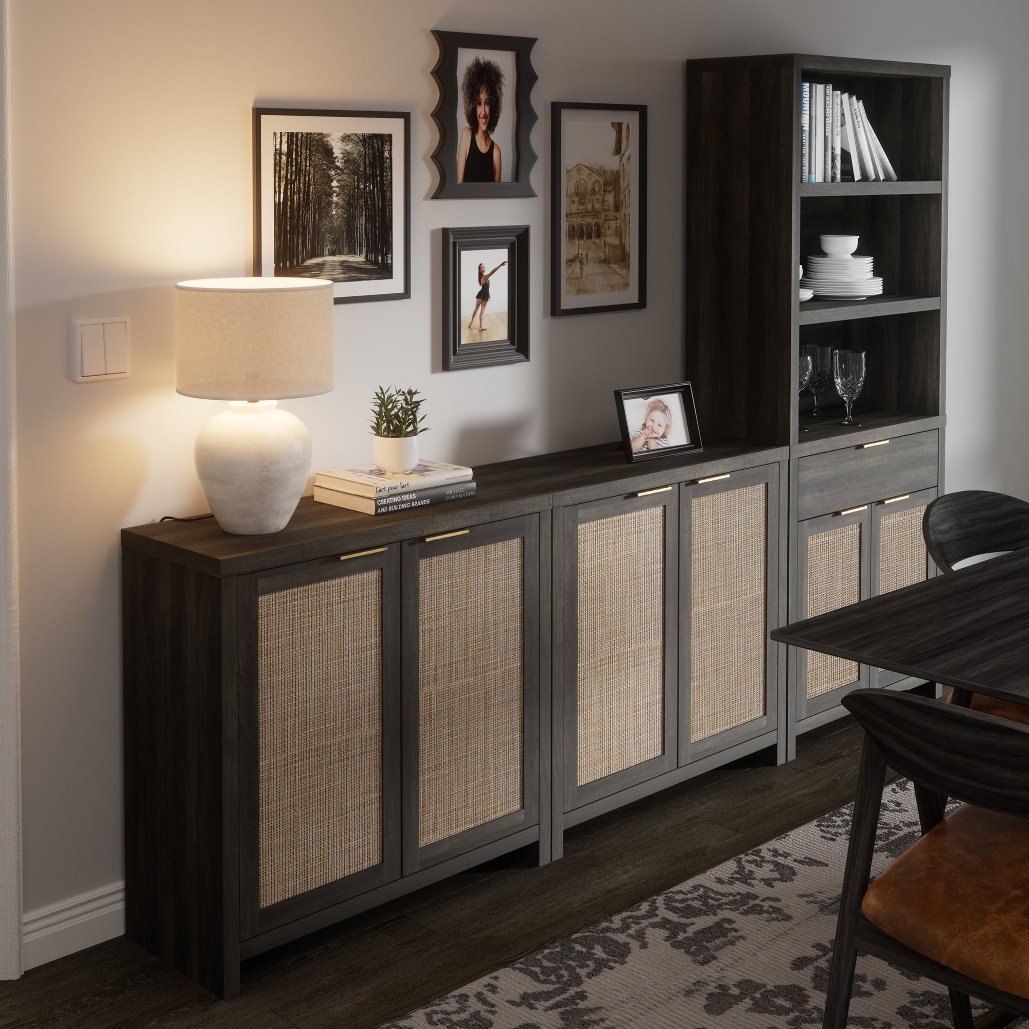 ARKANTOS Rattan Sideboard Buffet Cabinet, Farmhouse Storage Cabinet with Doors