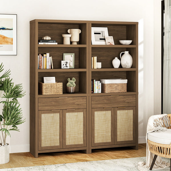 ARKANTOS Rattan 5 Shelf Bookcase with Doors Adjustable Shelf and Storage Cabinet