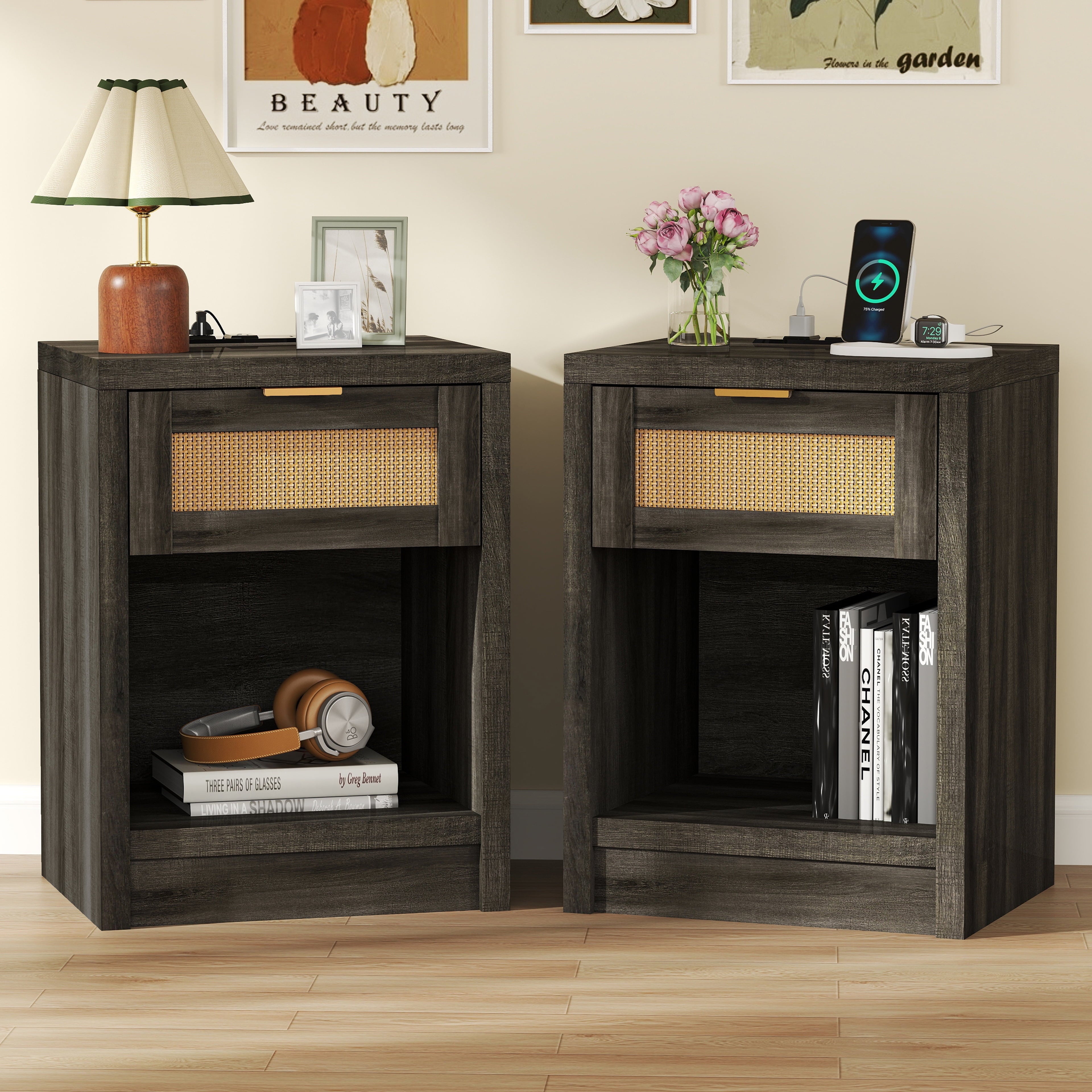 ARKANTOS Rattan Nightstand with Charging Station Bedside Table with Drawers