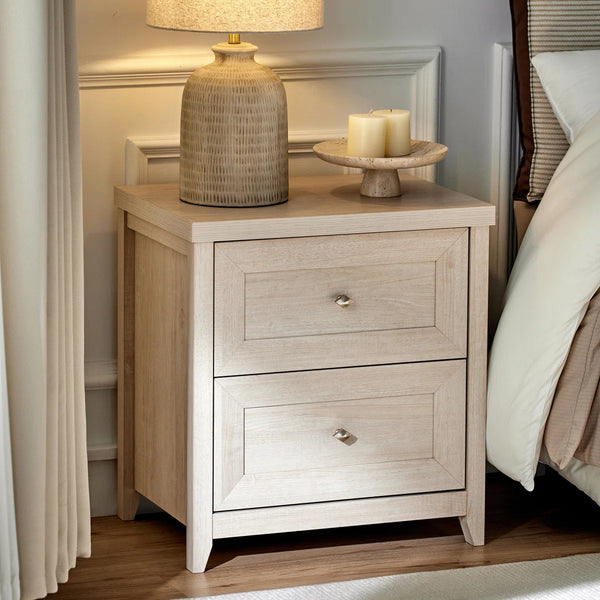 ARKANTOS 25" Farmhouse Nightstand with 2 Drawers, Sofa End Table with Metal Handle, Natural Wood Night Stand Bedside Table for Bedroom Living Room, Oak