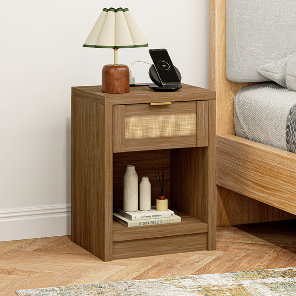 ARKANTOS Rattan Nightstand with Charging Station Bedside Table with Drawers