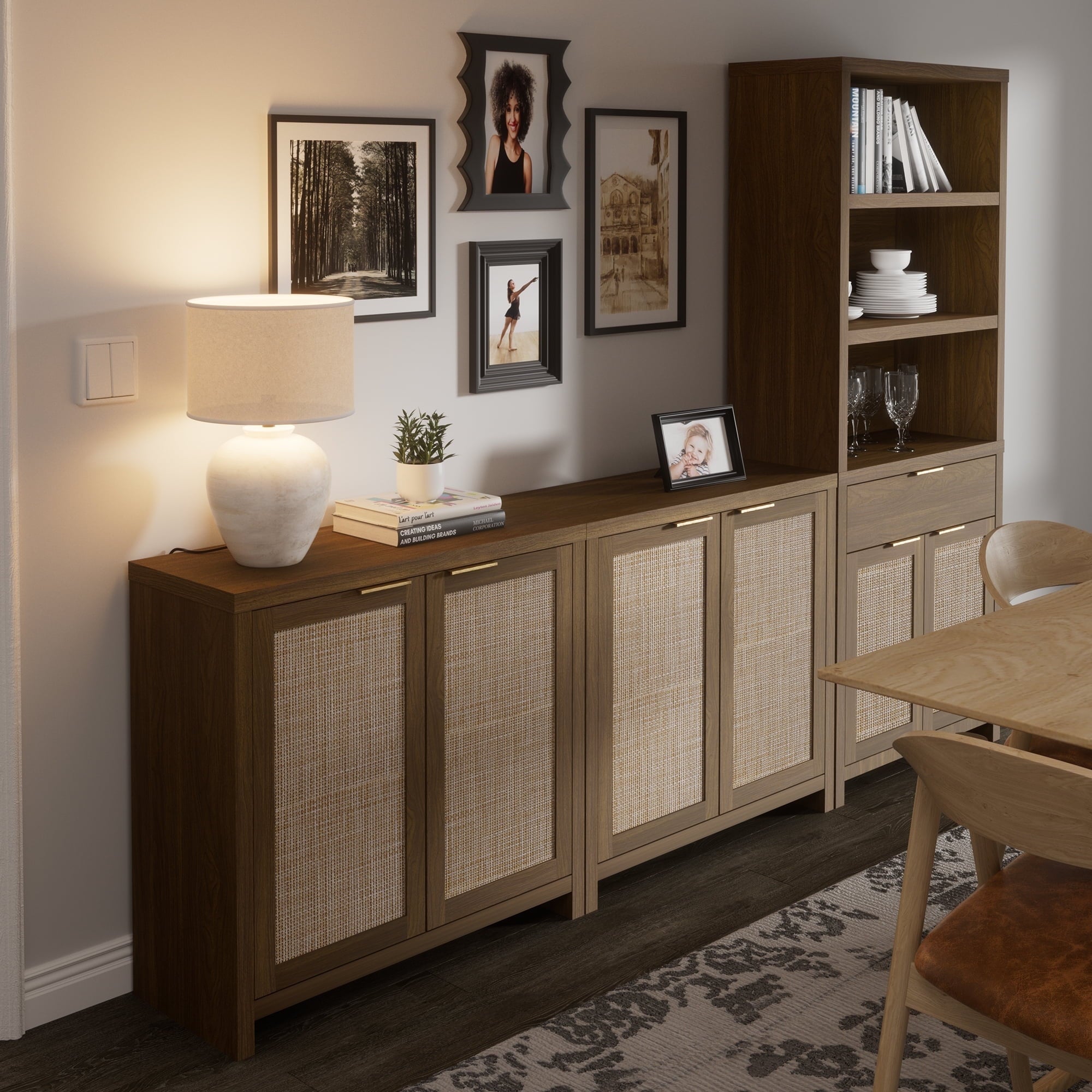 ARKANTOS Rattan Sideboard Buffet Cabinet, Farmhouse Storage Cabinet with Doors