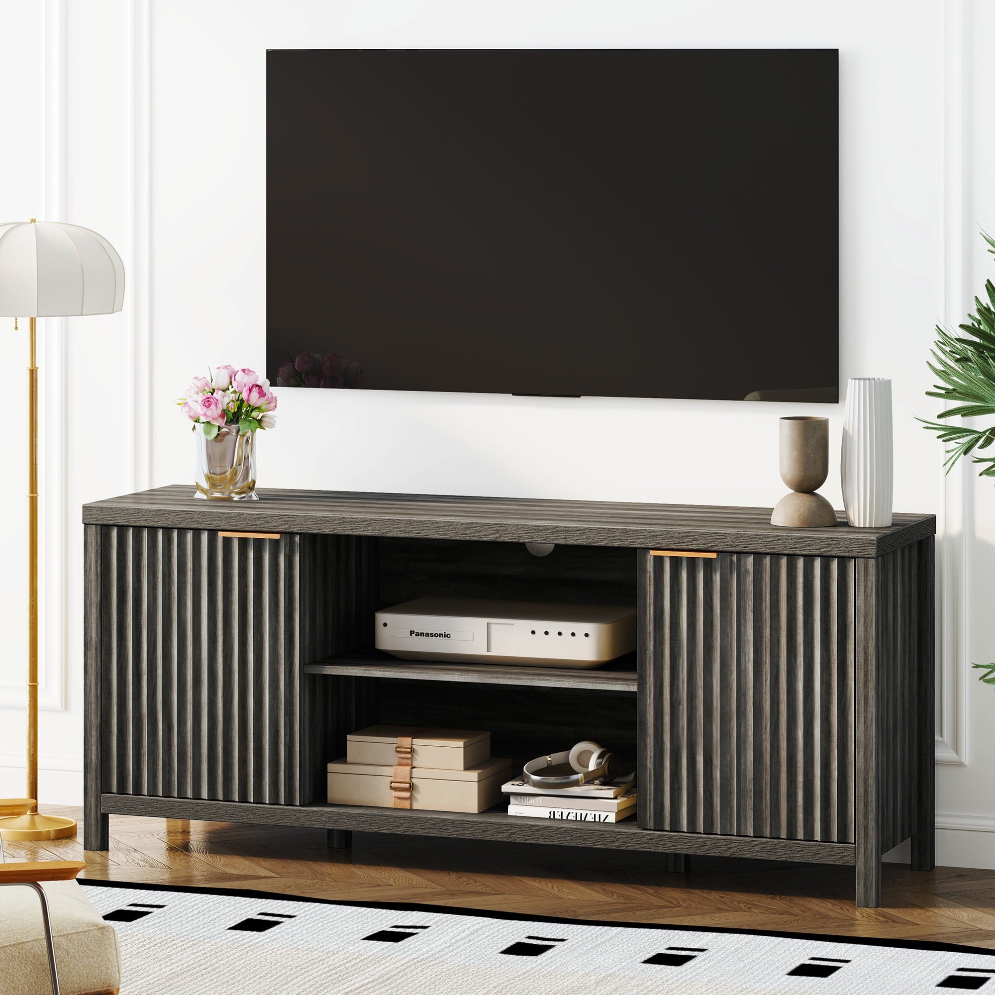 ARKANTOS Wood TV Stand for TVs up to 65 inch, Wave Pattern Doors Media Console, Mid-Century Modern Storage Cabinet