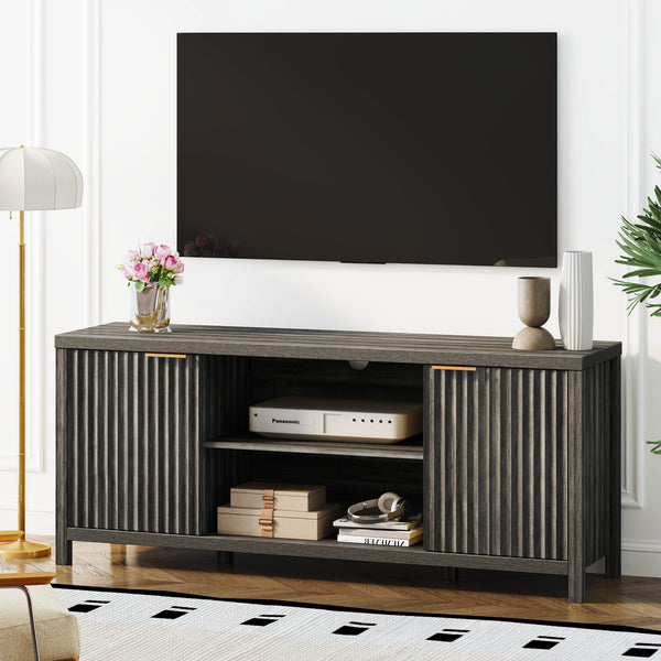 ARKANTOS Wood TV Stand for TVs up to 65 inch, Wave Pattern Doors Media Console, Mid-Century Modern Storage Cabinet