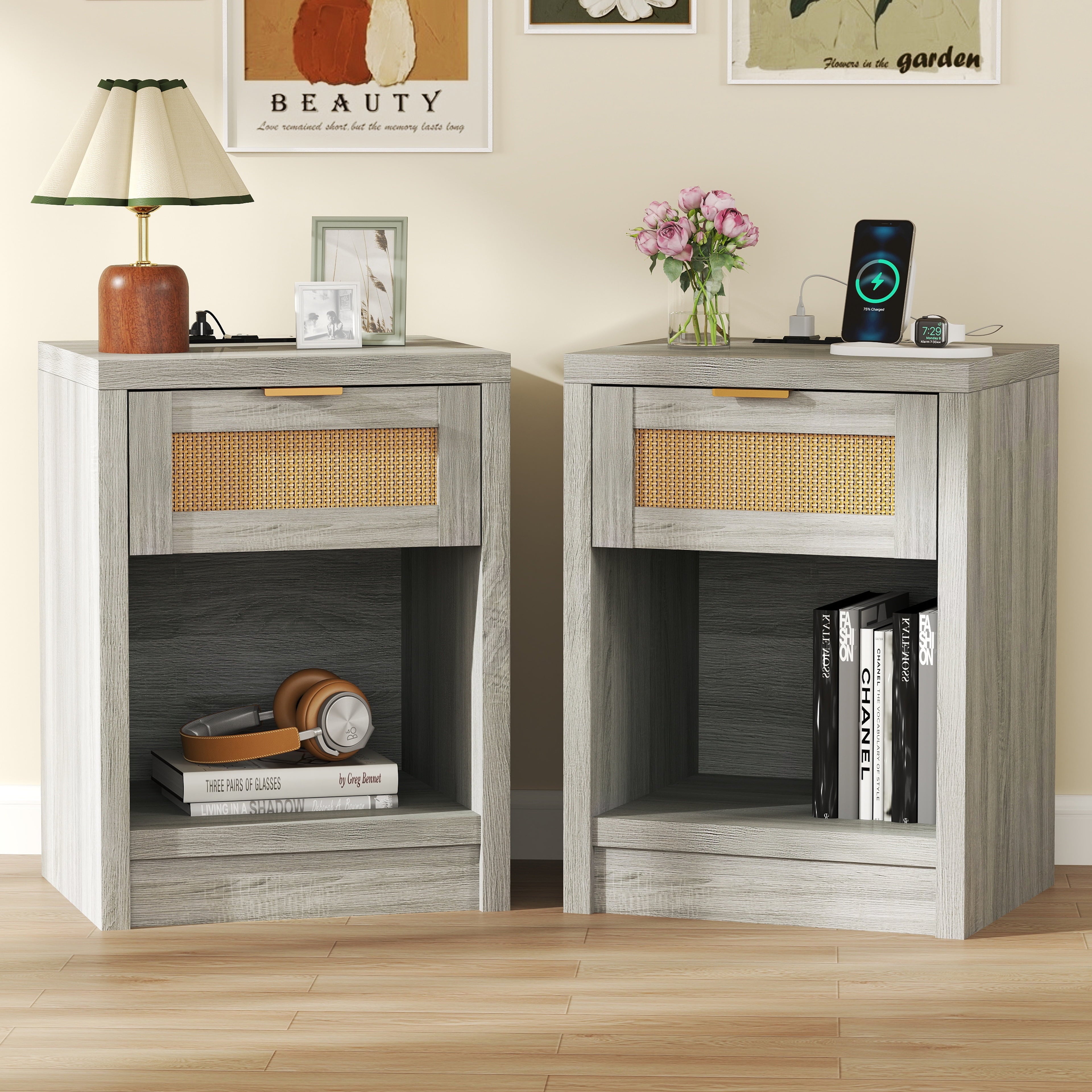 ARKANTOS Rattan Nightstand with Charging Station Bedside Table with Drawers