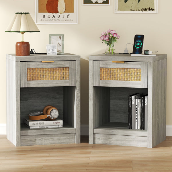 ARKANTOS Rattan Nightstand with Charging Station Bedside Table with Drawers