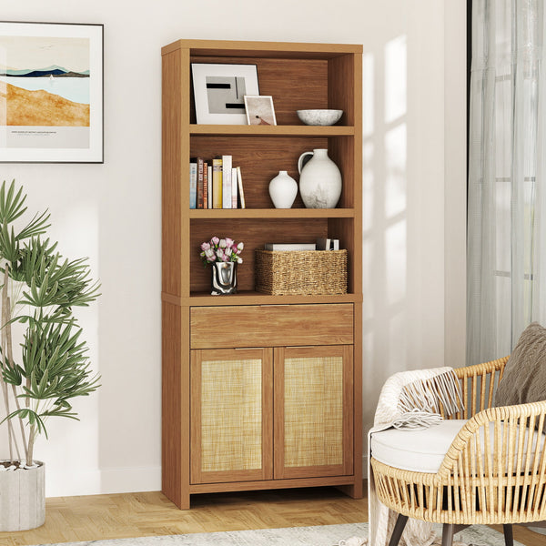 ARKANTOS Rattan 5 Shelf Bookcase with Doors Adjustable Shelf and Storage Cabinet