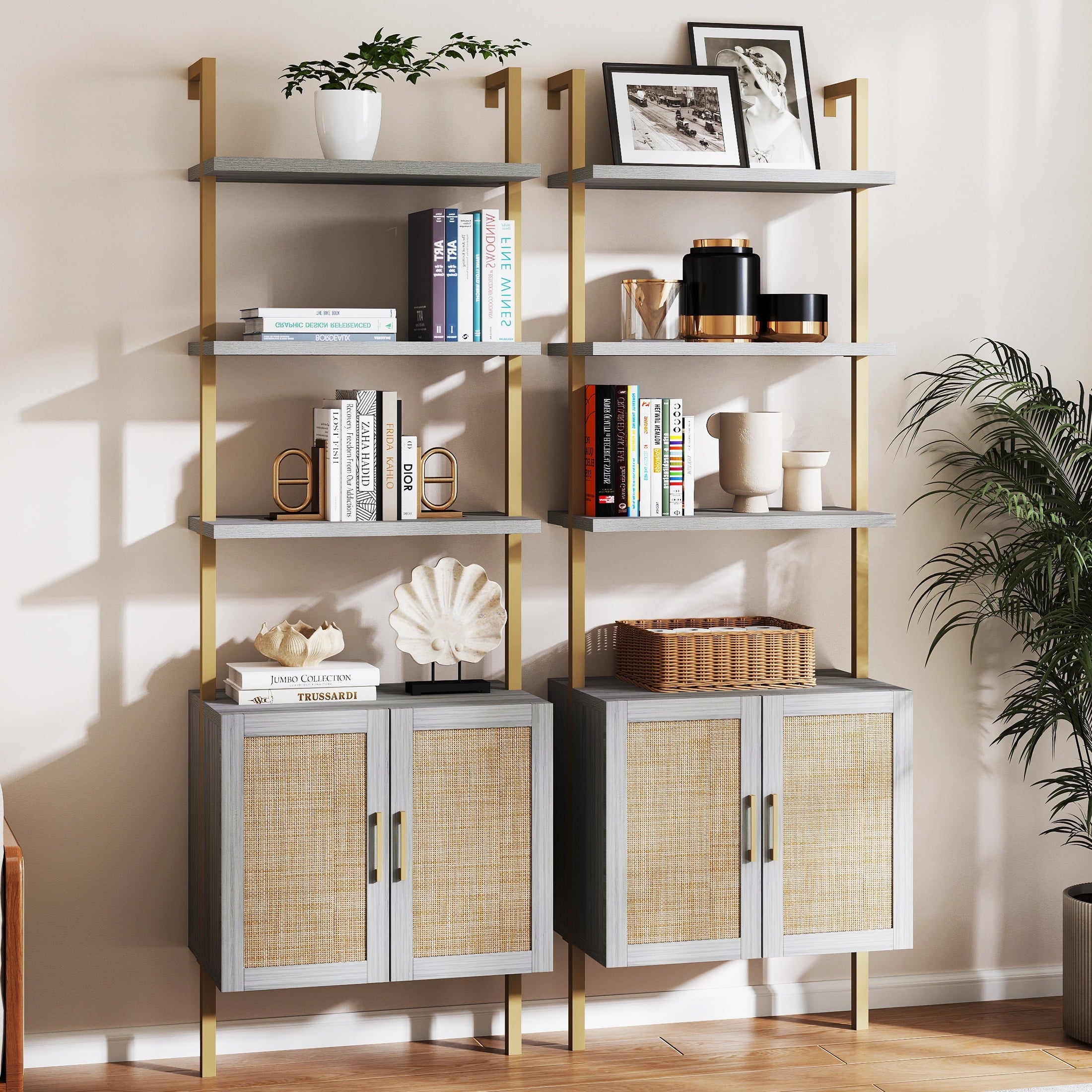 ARKANTOS Ladder Bookshelf 5 Tier Adjustable Shelf Rattan Cabinet Wall Mounted Shelves