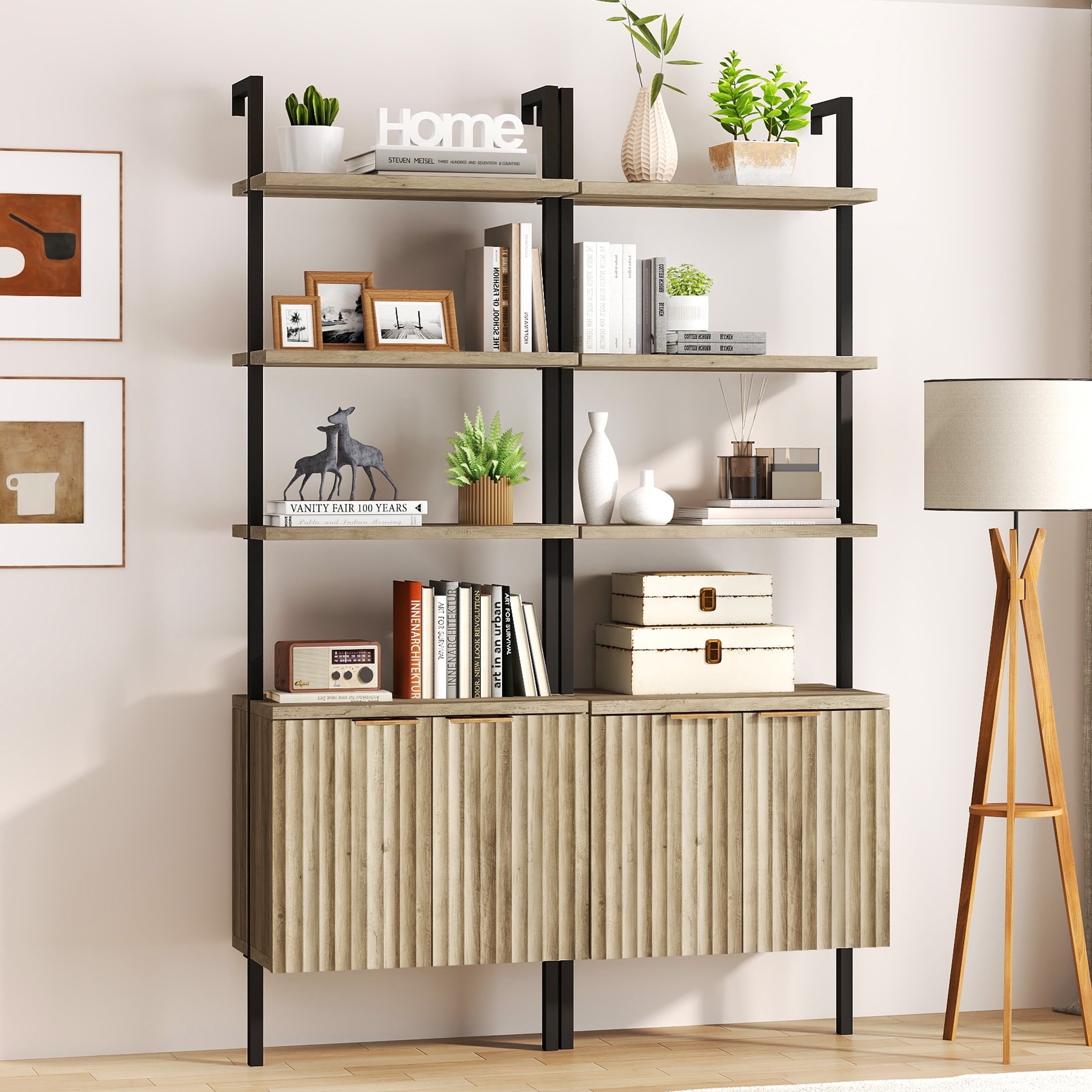 ARKANTOS 5-Tier Ladder Shelf Bookshelf, Wall-Mounted Bookcase with Fluted Cabinet