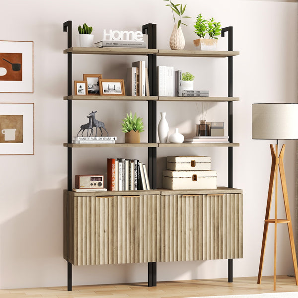 ARKANTOS 5-Tier Ladder Shelf Bookshelf, Wall-Mounted Bookcase with Fluted Cabinet