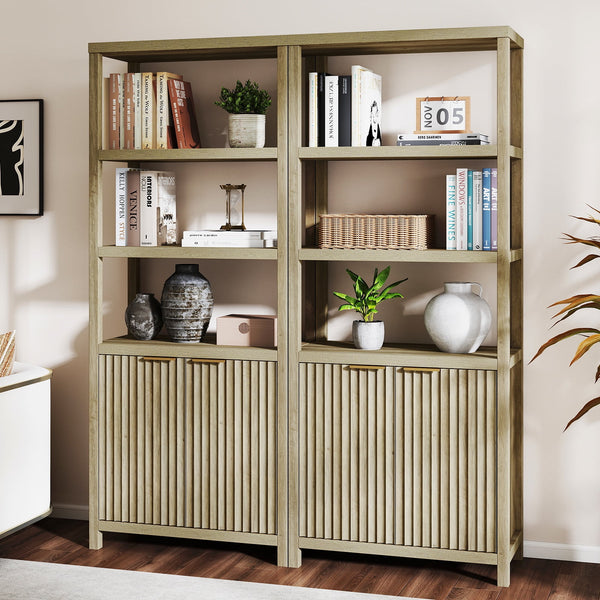 ARKANTOS Fluted Bookshelf with Doors Adjustable Shelf and Storage Cabinet