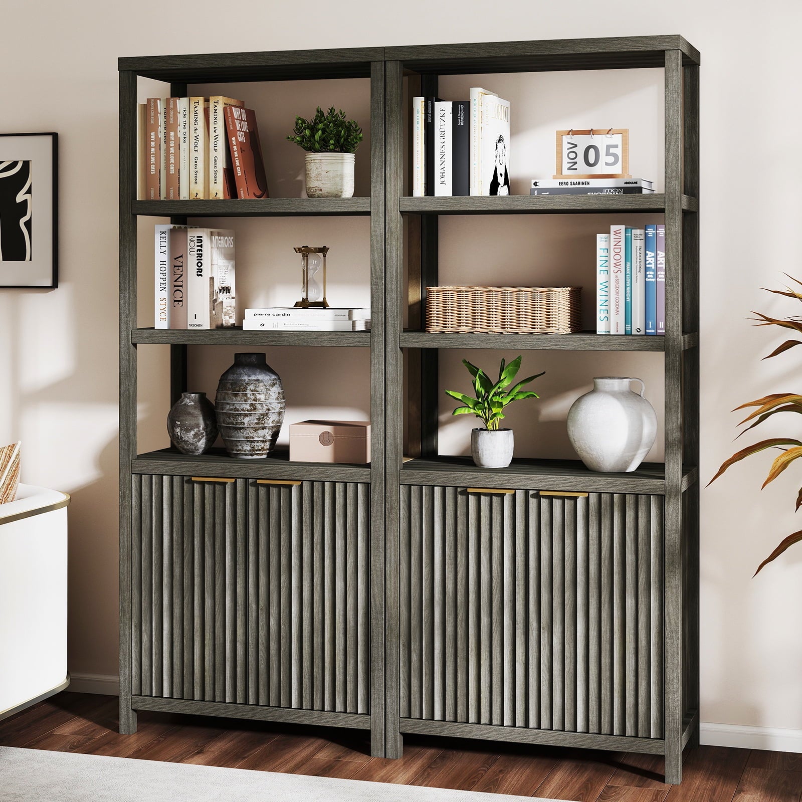 ARKANTOS Fluted Bookshelf with Doors Adjustable Shelf and Storage Cabinet