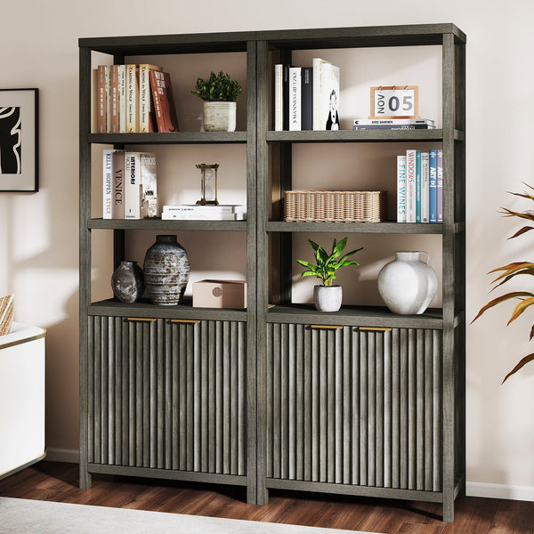 ARKANTOS Fluted Bookshelf with Doors Adjustable Shelf and Storage Cabinet