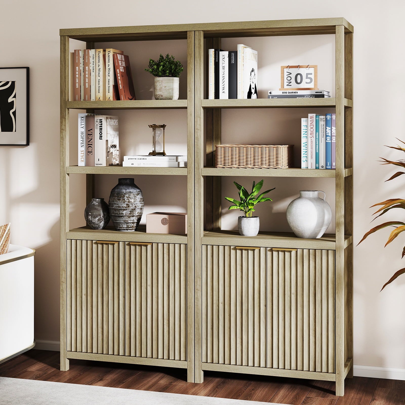ARKANTOS Fluted Bookshelf with Doors Adjustable Shelf and Storage Cabinet