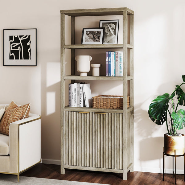 ARKANTOS Fluted Bookshelf with Doors Adjustable Shelf and Storage Cabinet