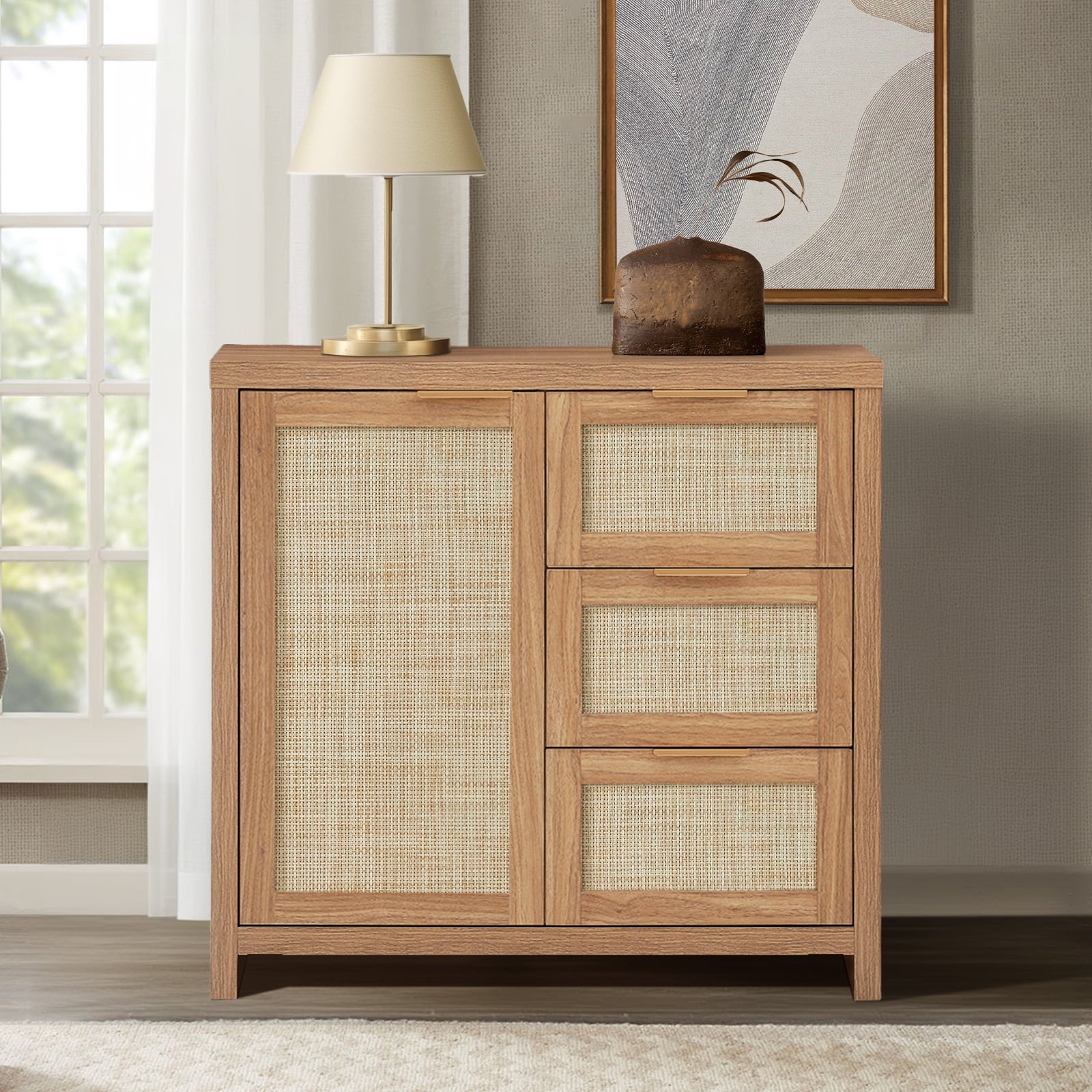 ARKANTOS Sideboards and Buffets, Boho Storage Cabinets with Rattan Doors and Drawers