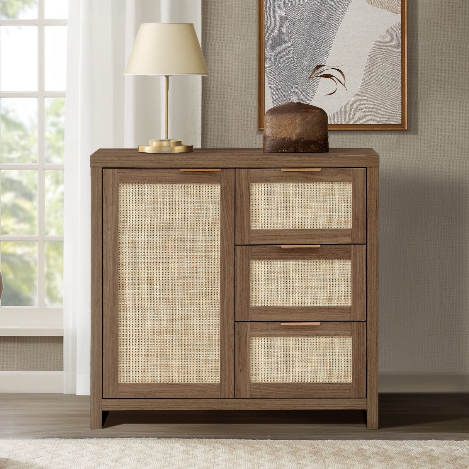 ARKANTOS Sideboards and Buffets, Boho Storage Cabinets with Rattan Doors and Drawers