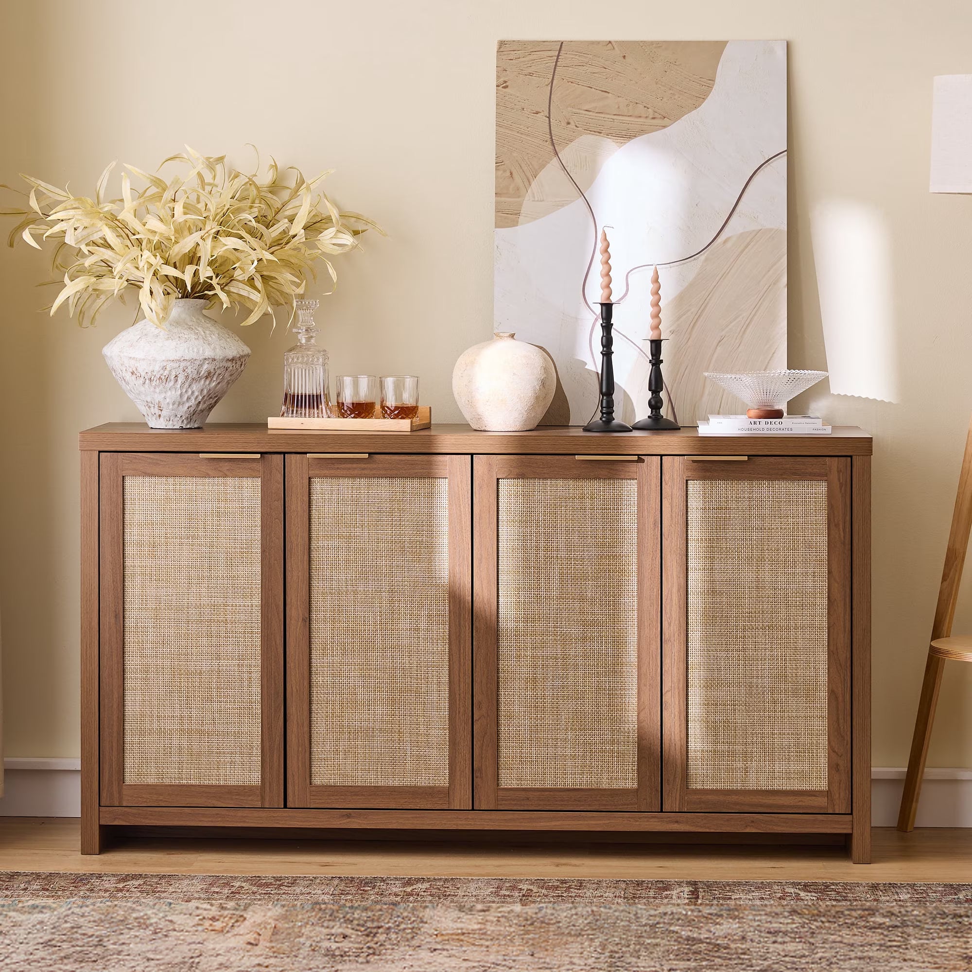 ARKANTOS Sideboard Buffet Cabinet, Rattan Cabinet with Adjustable Shelves, Boho Buffet Table Console Cabinets with 4 Doors, Farmhouse Cabinet for Entryway Living Room