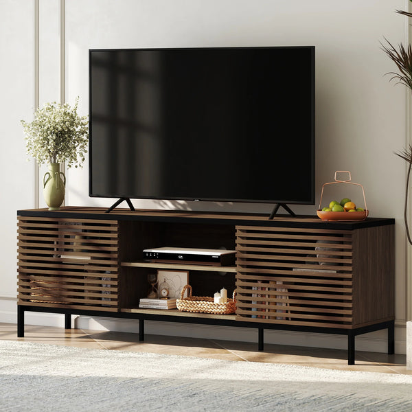 ARKANTOS Modern TV Stand for 75" TV, Grille Striped Doors Media Console