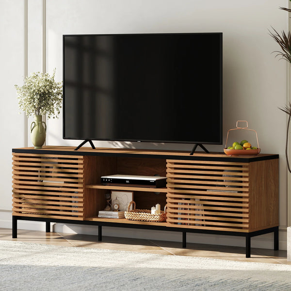 ARKANTOS Modern TV Stand for 75" TV, Grille Striped Doors Media Console