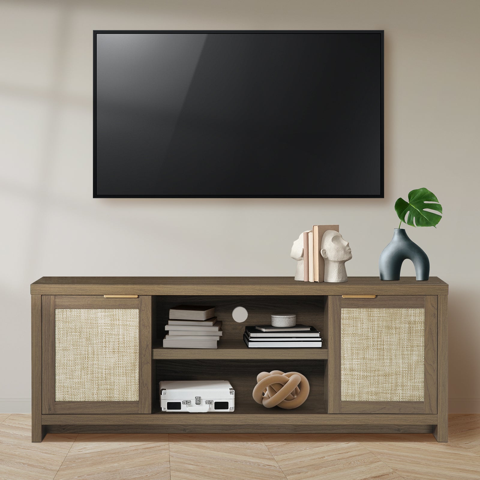 ARKANTOS Rattan TV Stand for Tvs up to 65 inch, Wood Media Console for Living Room