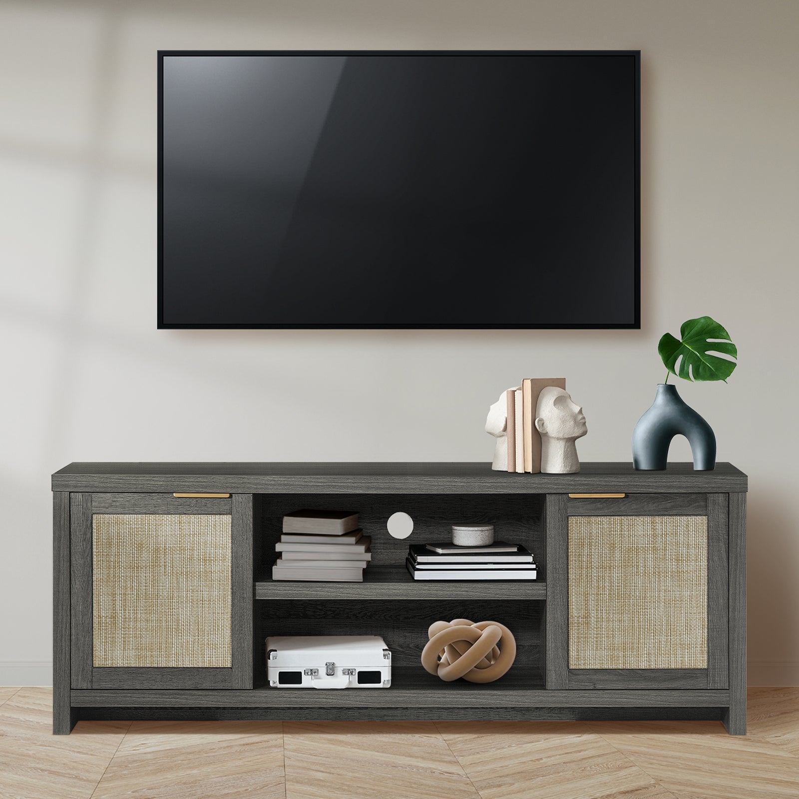 ARKANTOS Rattan TV Stand for Tvs up to 65 inch, Wood Media Console for Living Room
