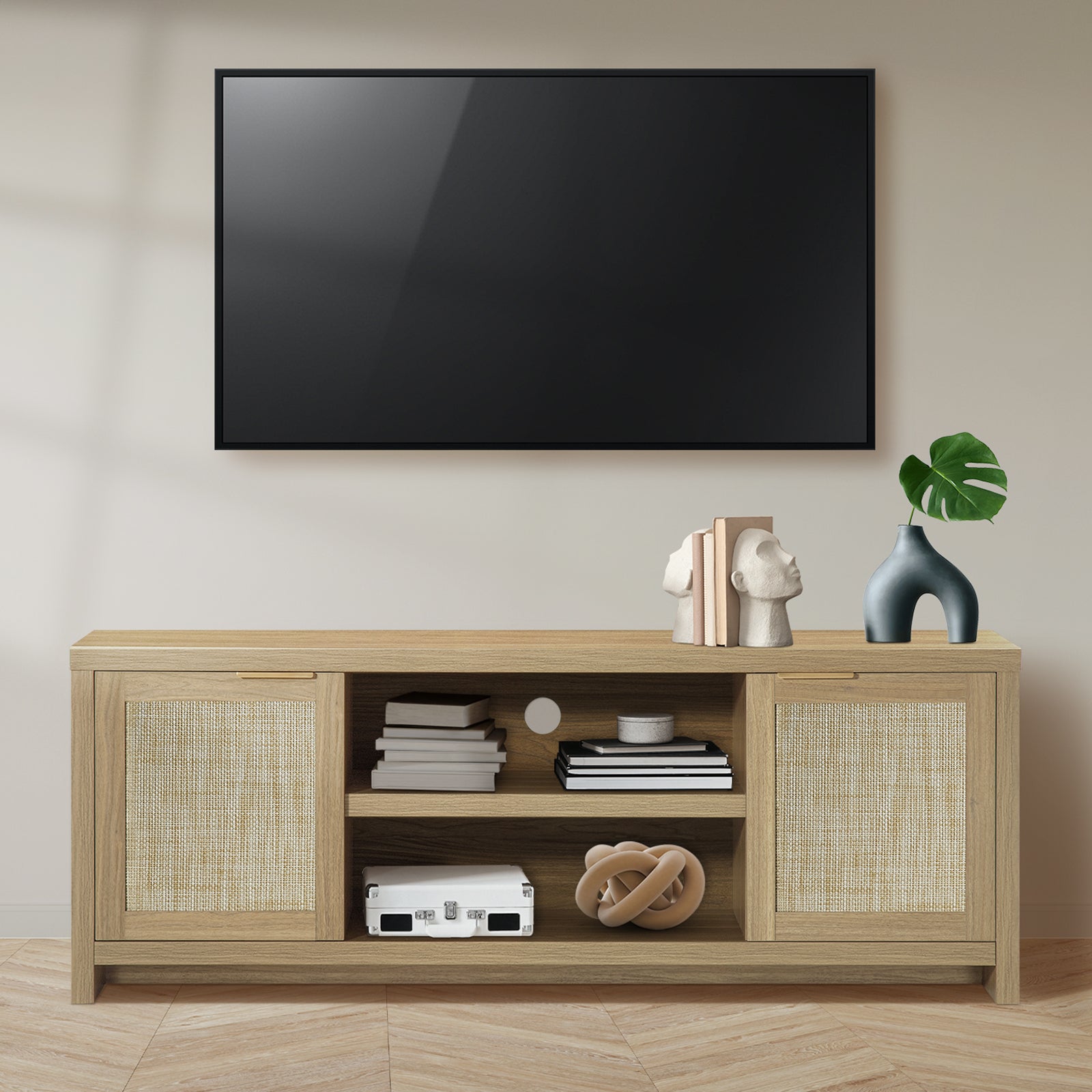 ARKANTOS Rattan TV Stand for Tvs up to 65 inch, Wood Media Console for Living Room