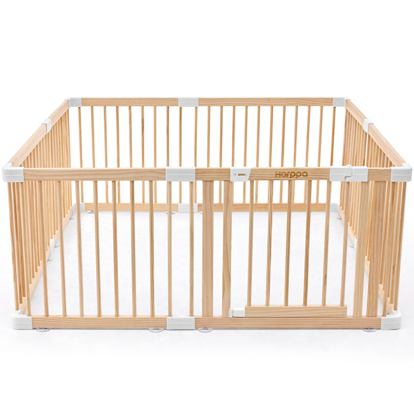 HARPPA Wooden Baby Playpen with Gate, Adjustable Panel Play Yard Fence for Toddlers