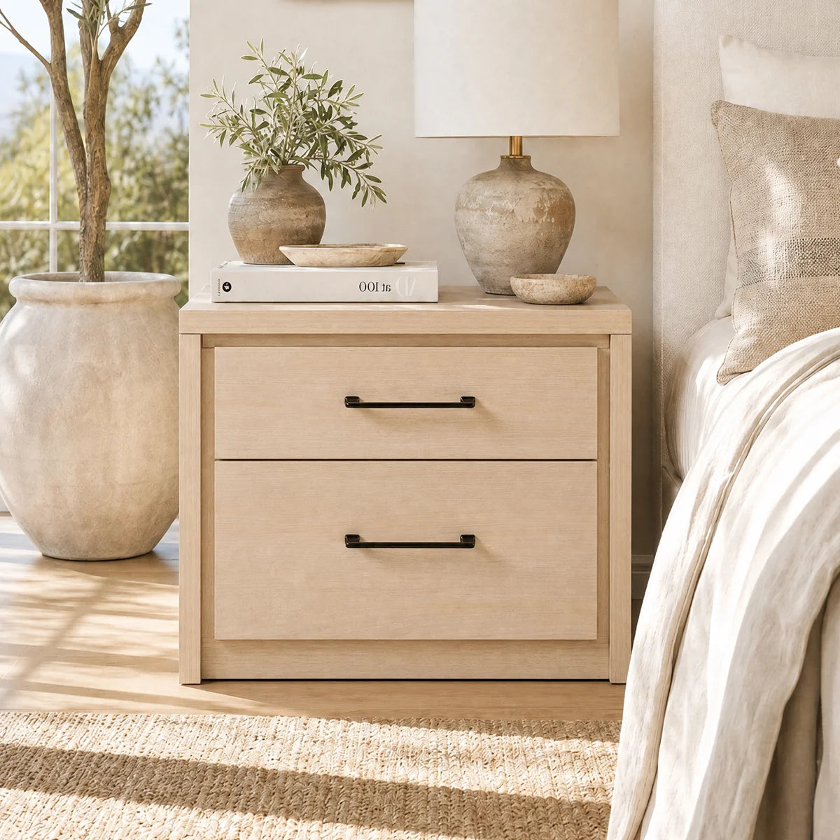 ARKANTOS Nightstand Bedside Table, Wooden Farmhouse Night Stand with 2 Drawers Storage, Boho Night Stands Sofa End Table for Bedroom Living Room, Light Oak