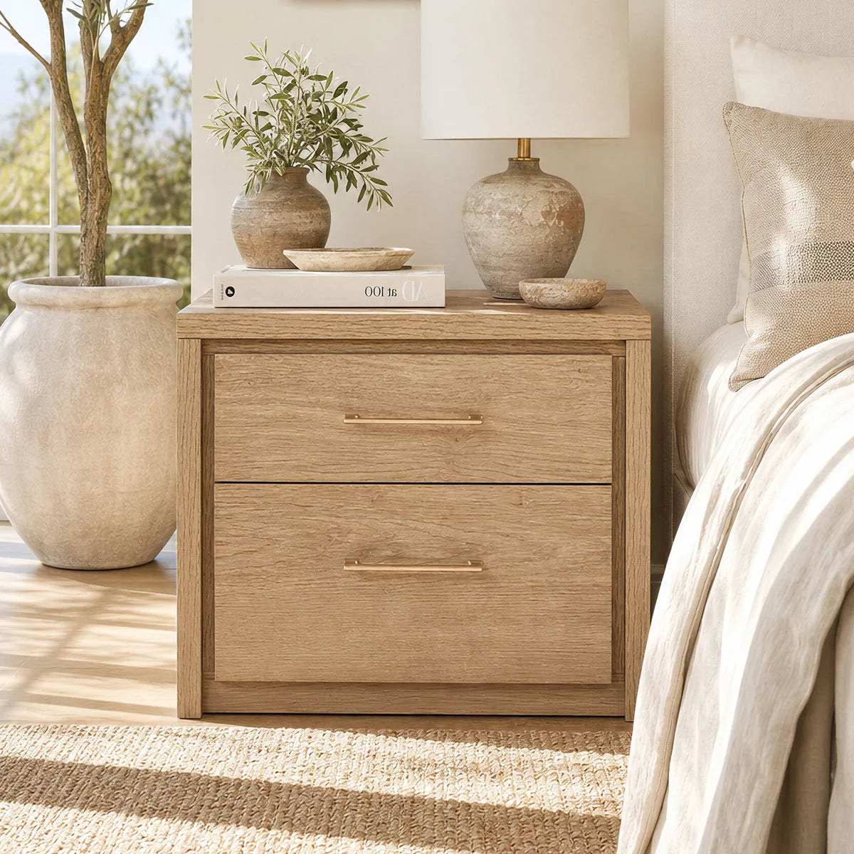 ARKANTOS Nightstand Bedside Table, Wooden Farmhouse Night Stand with 2 Drawers Storage, Boho Night Stands Sofa End Table for Bedroom Living Room, Gold