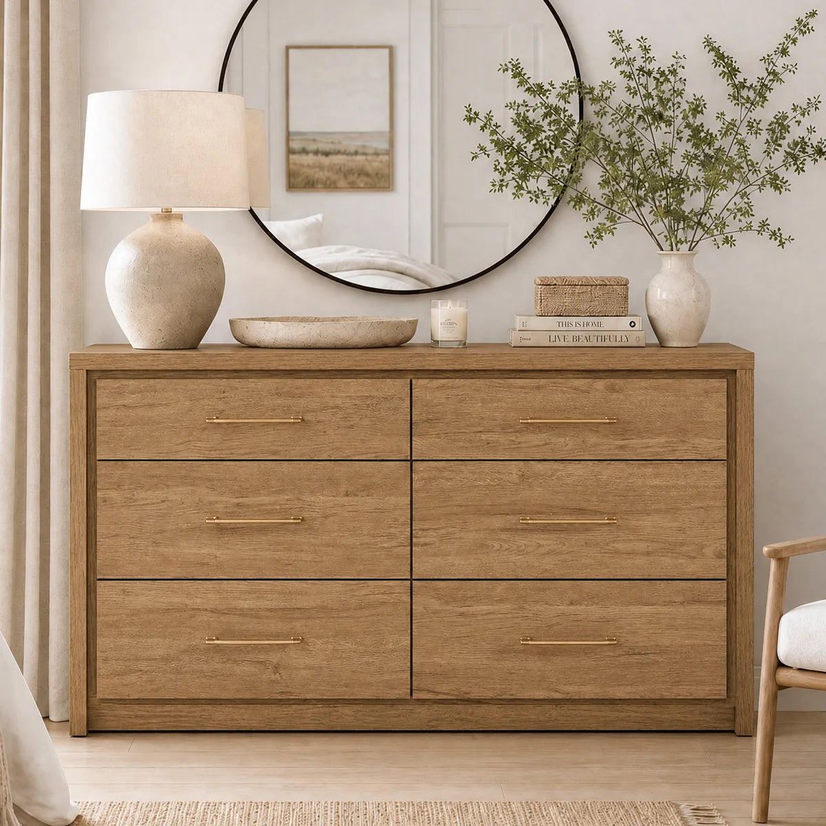 ARKANTOS Dresser for Bedroom, 6 Drawer Double Dresser, Modern Chest of Drawers with Deep Drawers, Wooden TV Stand for Living Room, Hallway, Gold
