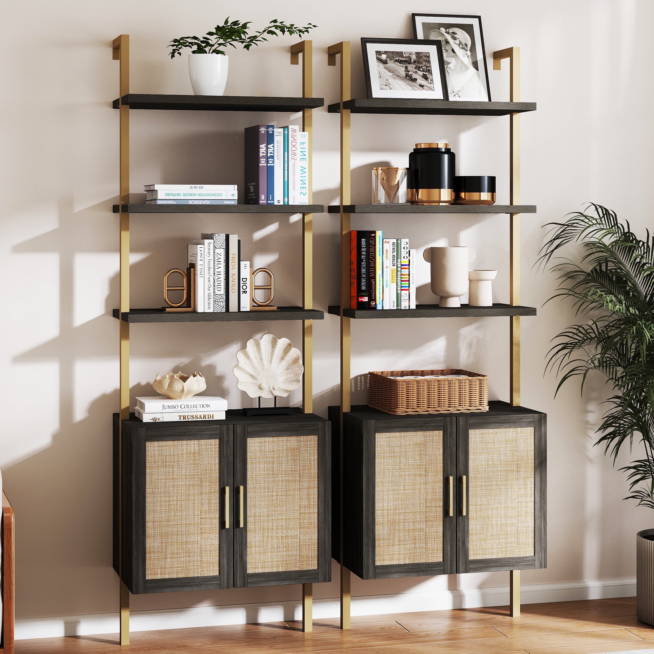 ARKANTOS Ladder Bookshelf 5 Tier Adjustable Shelf Rattan Cabinet Wall Mounted Shelves
