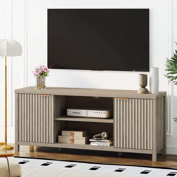 ARKANTOS Wood TV Stand for TVs up to 65 inch, Wave Pattern Doors Media Console, Mid-Century Modern Storage Cabinet
