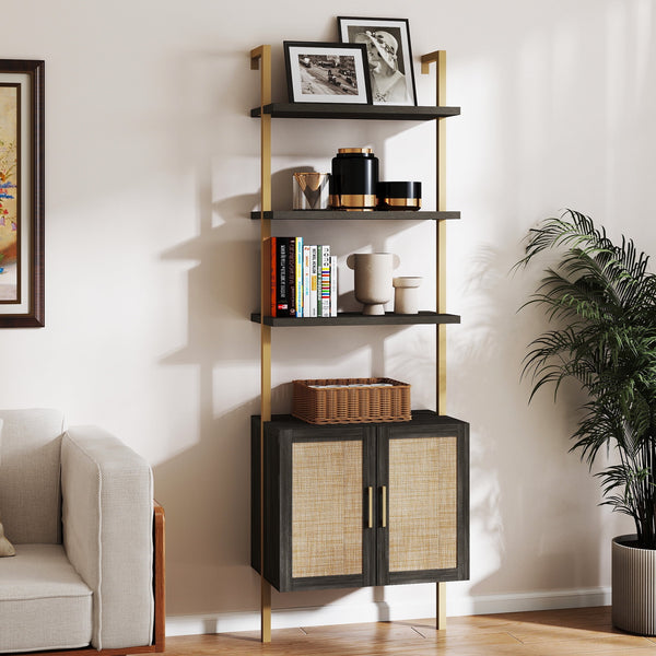 ARKANTOS Ladder Bookshelf 5 Tier Adjustable Shelf Rattan Cabinet Wall Mounted Shelves