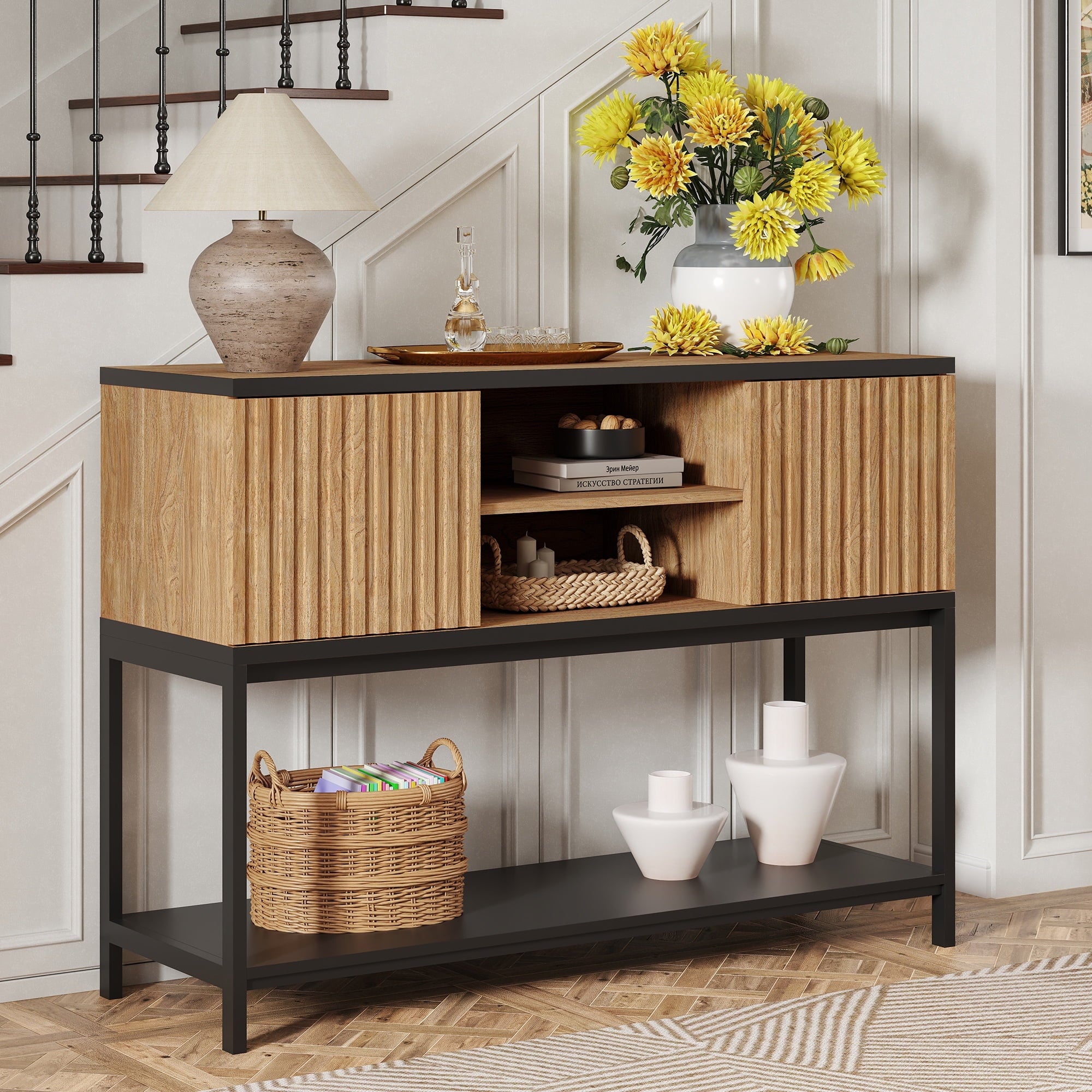 ARKANTOS Modern Console Table with Storage and Grille Doors, Entryway Sofa Table
