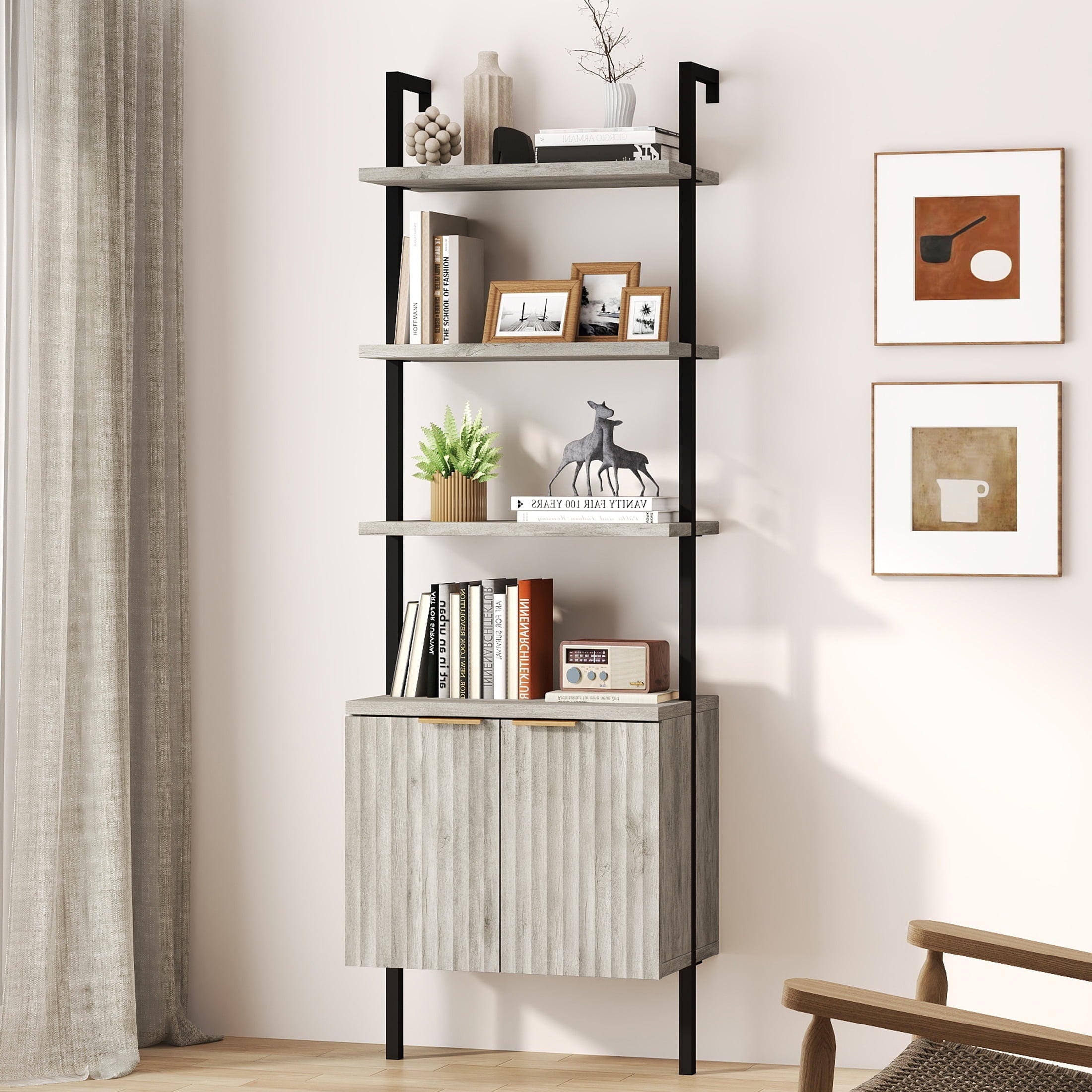 ARKANTOS 5-Tier Ladder Shelf Bookshelf, Wall-Mounted Bookcase with Fluted Cabinet