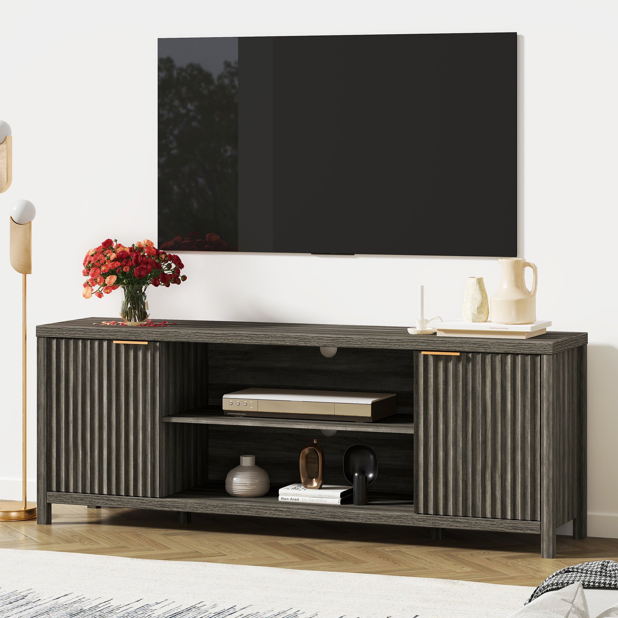 ARKANTOS Mid-Century Modern TV Stand for TVs up to 75 inch, Wave Pattern Doors and Open Shelves