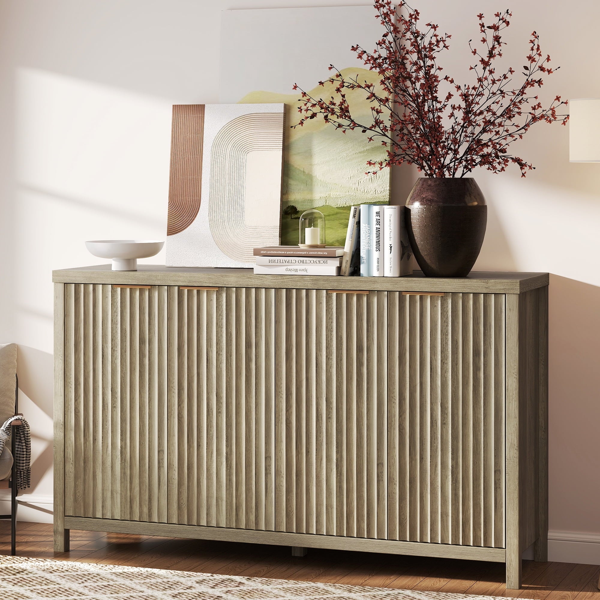 ARKANTOS 4-Door Sideboard Buffet Cabinet with Adjustable Shelves, Wave-pattern Panel, Coastal Oak