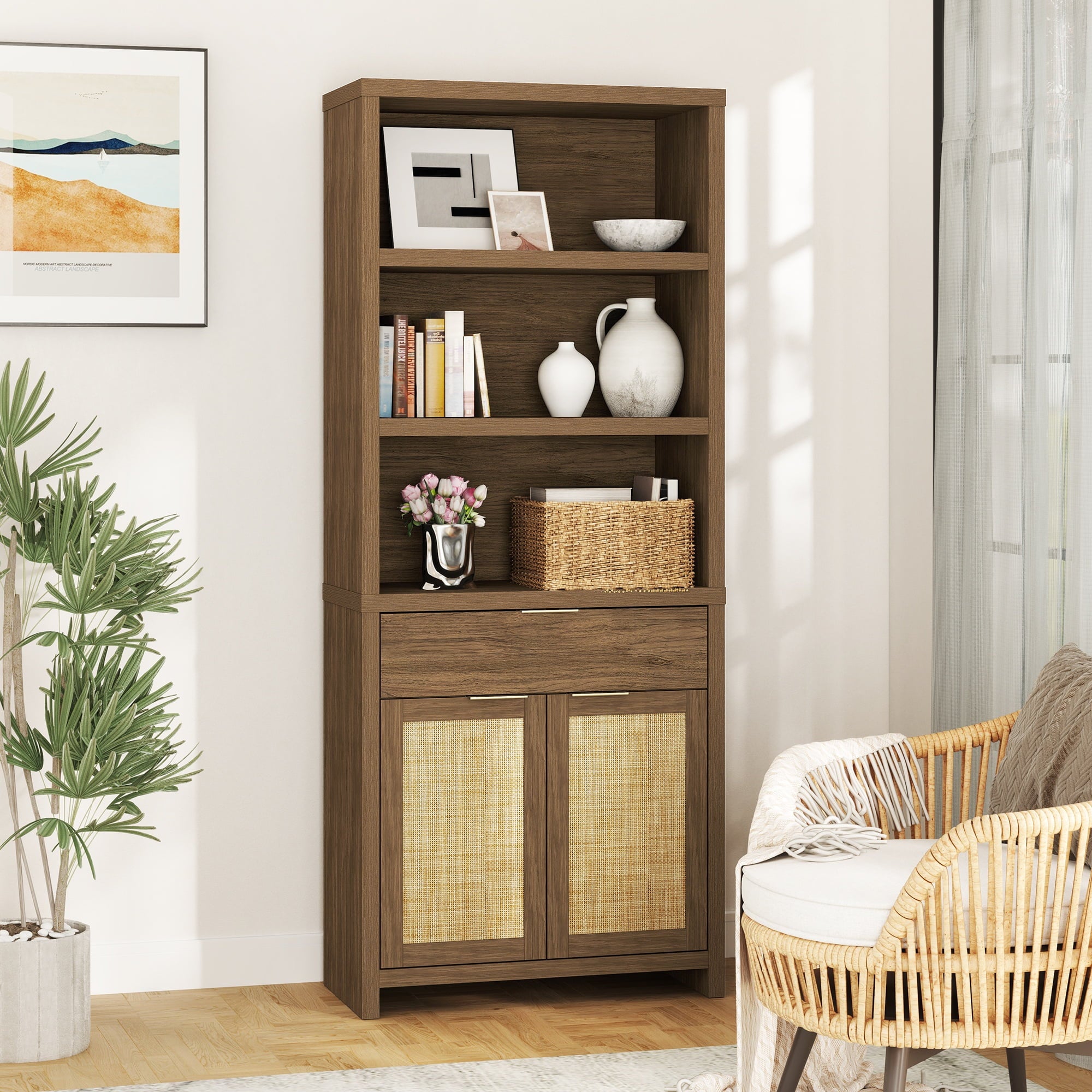 ARKANTOS Rattan 5 Shelf Bookcase with Doors Adjustable Shelf and Storage Cabinet