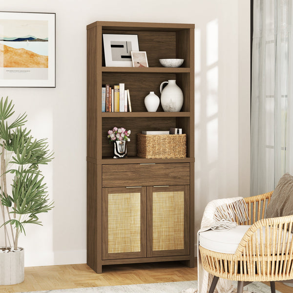 ARKANTOS Rattan 5 Shelf Bookcase with Doors Adjustable Shelf and Storage Cabinet