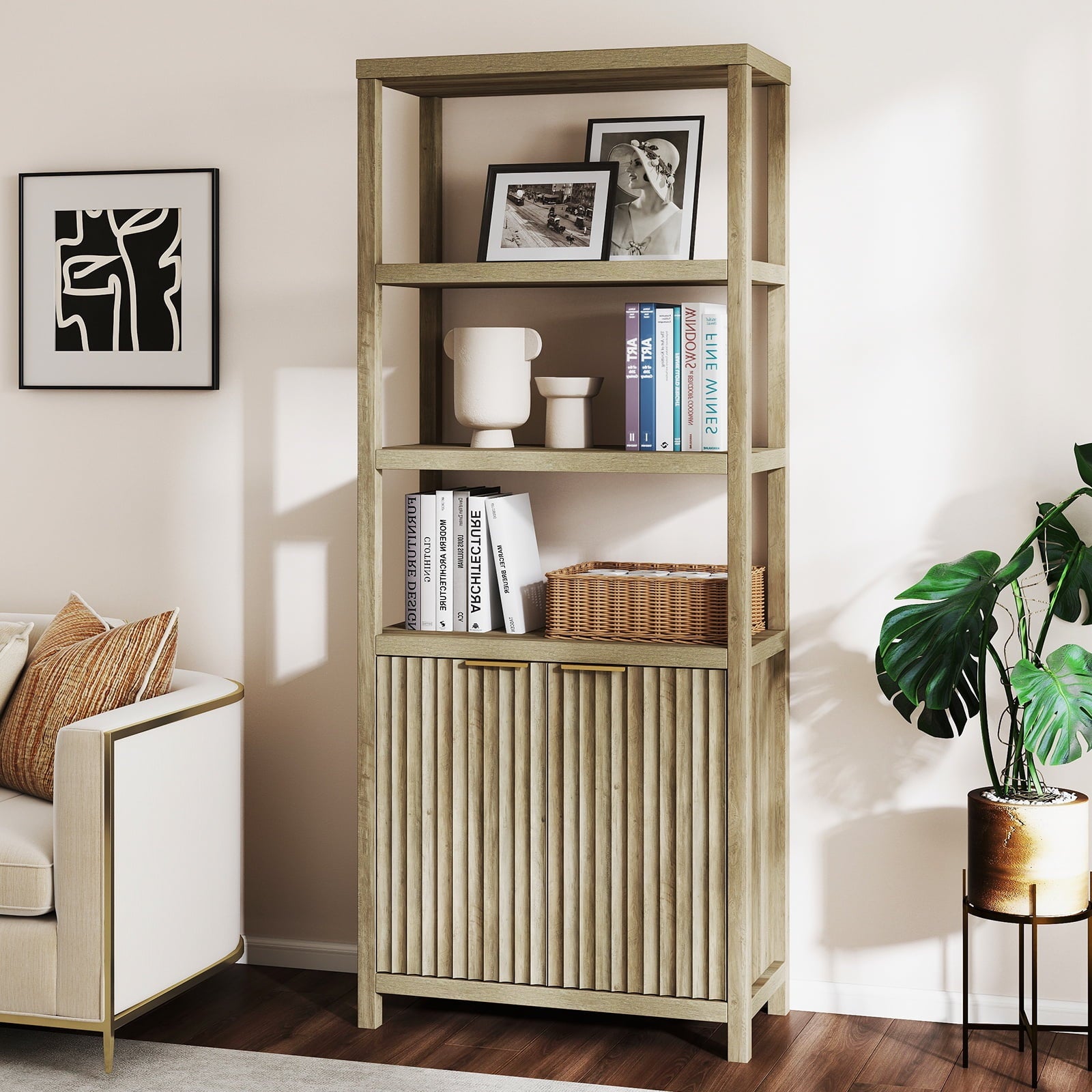 ARKANTOS Fluted Bookshelf with Doors Adjustable Shelf and Storage Cabinet