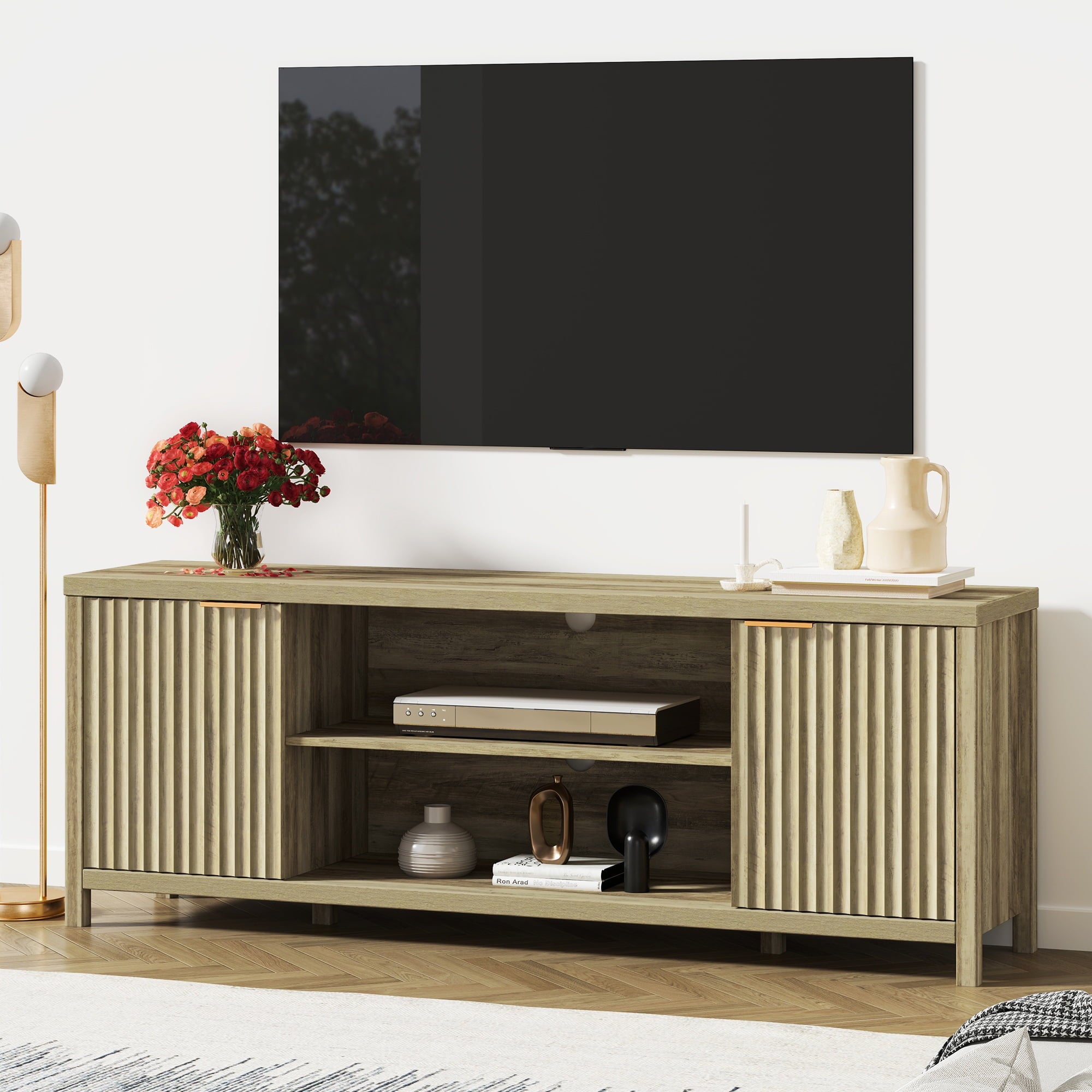 ARKANTOS Mid-Century Modern TV Stand for TVs up to 75 inch, Wave Pattern Doors and Open Shelves