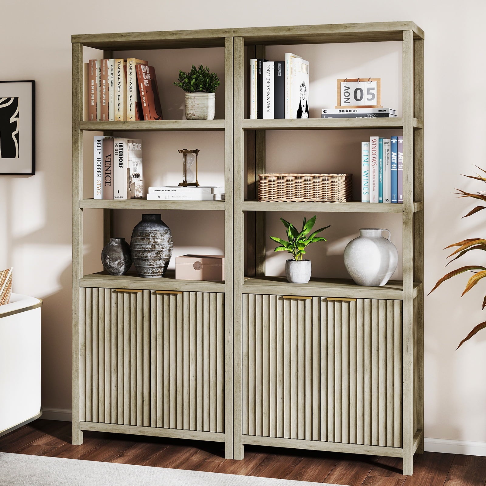 ARKANTOS Fluted Bookshelf with Doors Adjustable Shelf and Storage Cabinet