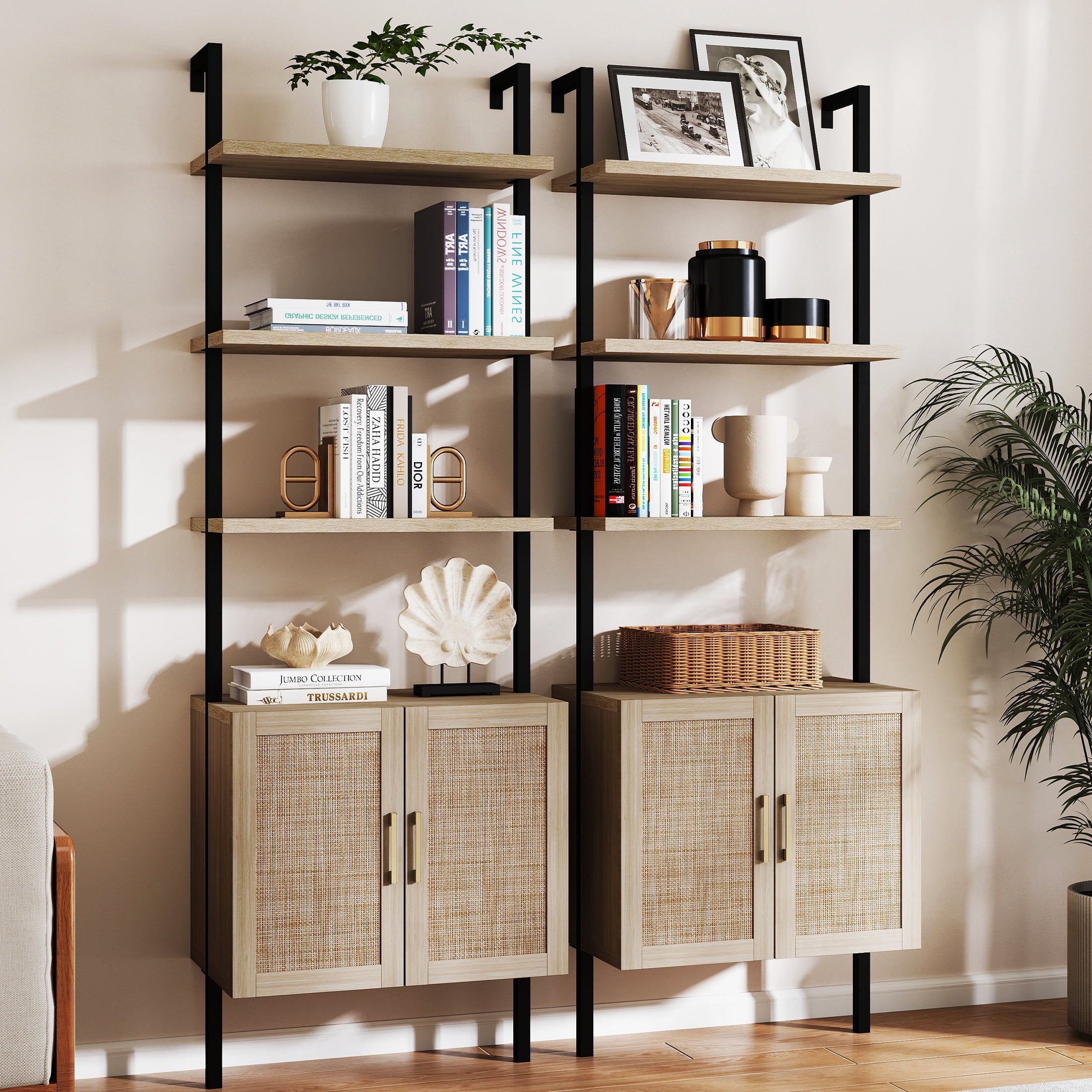ARKANTOS Ladder Bookshelf 5 Tier Adjustable Shelf Rattan Cabinet Wall Mounted Shelves